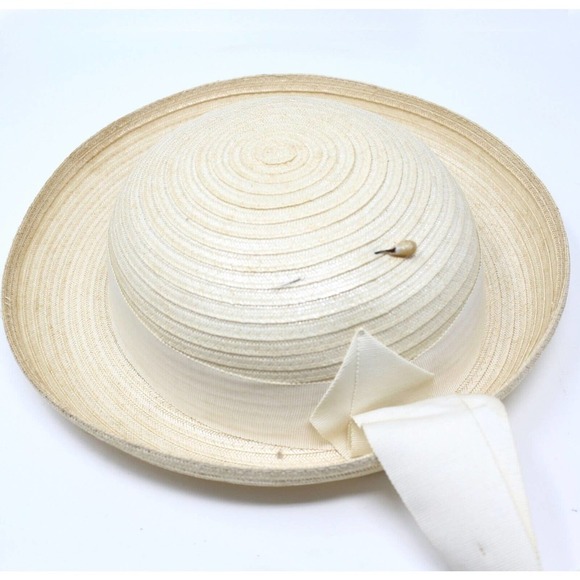 Vintage Ivory White Straw Boater Hat w Trailing Ribbons and Flowers - Hey Viv - Picture 3 of 6